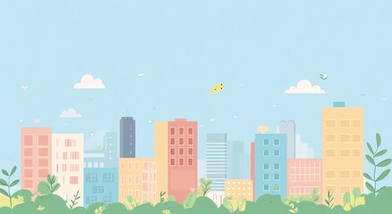 Fototapeta premium A colorful illustrated city with buildings and green vegetation