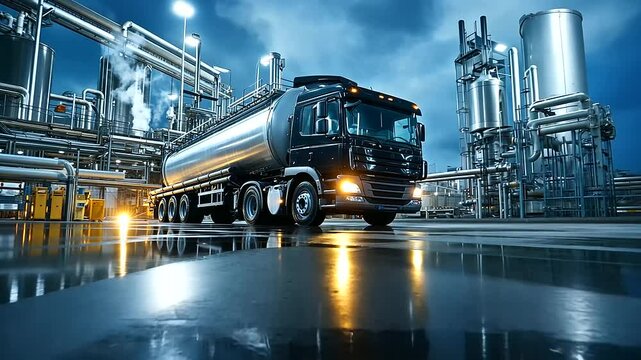 Large sewage vacuum truck parked head-on at a municipal waste treatment facility, the giant silver tank gleaming, intricate piping systems visible around