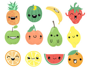 Kawaii fruits characters. Cute cartoon anime apple, pineapple, watermelon, peach banana, raspberry. Vector hand drawn set