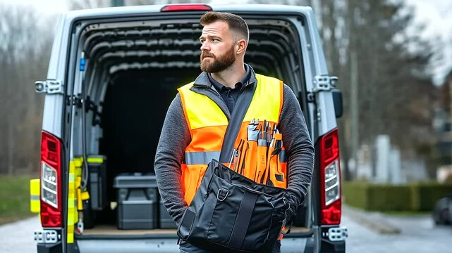 Man in a high-visibility vest, carrying a tool bag, stands next to his van with back doors open, inside fully stocked with electrical conduit, pliers, and industrial-grade power to