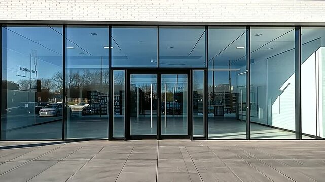 Modern building entrance featuring tall glass panels, sunlight reflecting off the surface, and a minimalist white brick pharmacy with bold signage and a clear storefront