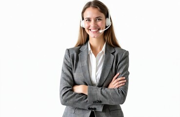 Smiling young female call center agent wearing headset with crossed arms. Customer service representative ready to assist client. Businesswoman isolated on white background, perfect for advertising,