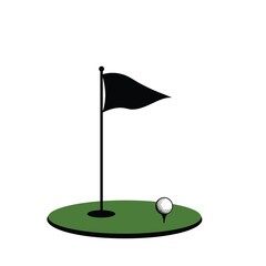 Silhouette vector illustration of a golf hole with flag and ball on a white background 
