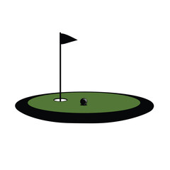 Silhouette vector illustration of a golf putting green with flagstick and ball on a white background