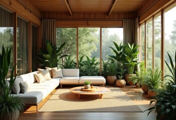 Fototapeta premium eco friendly home interior elegant design inviting space lush plants natural materials sustainable living comfortable environment, nature, green, decor