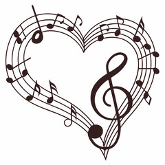 Simple heart-shaped music notes illustration with treble and clef on a white background, perfect for music-themed designs and creative projects.