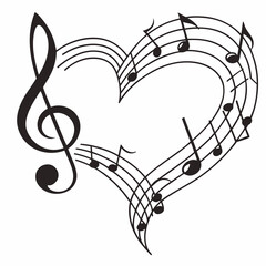 Simple heart-shaped music notes illustration with treble and clef on a white background, perfect for music-themed designs and creative projects.