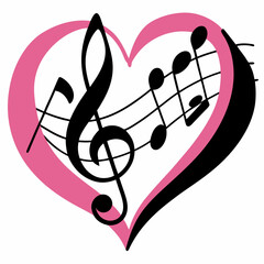 Simple heart-shaped music notes illustration with treble and clef on a white background, perfect for music-themed designs and creative projects.