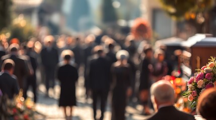 Mourners gathered at funeral. People at funeral. Blurred background