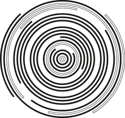 A circular shape with irregular concentric circles and segments of the circumference for a textured style.