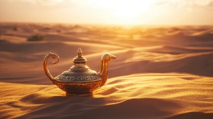 Magical Golden Lamp in Desert Sand at Sunset