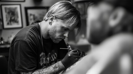 Tattoo artist inking skin in studio. Blurred background