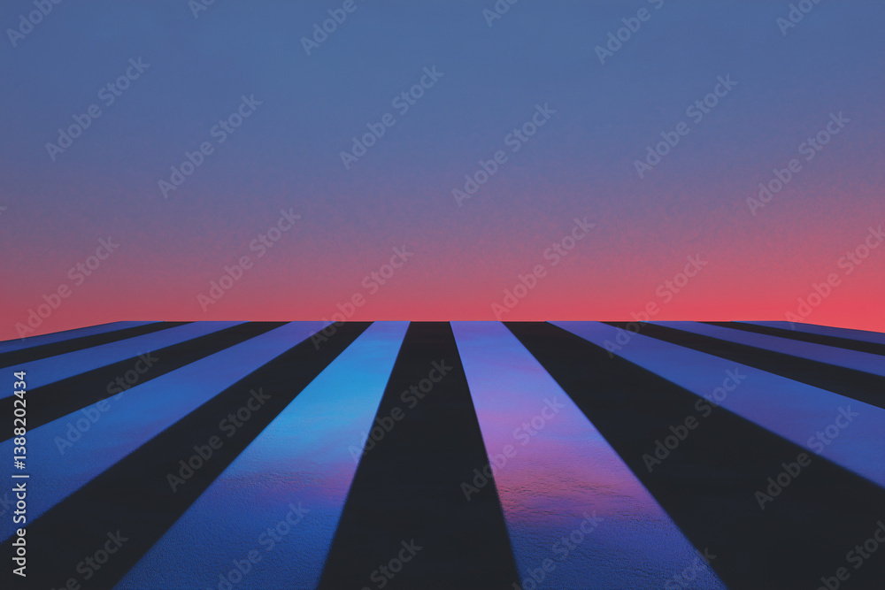 Poster Abstract stripes and vibrant sky: Geometric pattern on an undulating surface merges with a gradient sky, creating a sense of depth and serenity.