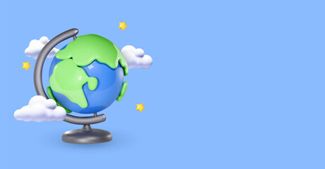 3d Cartoon planet Earth. School globus map. Earth world globe geography concept. Learning kids worlds traveling. 3d rendering. Vector illustration