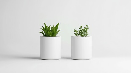 Obraz premium Two small plants, a succulent and an herb, sit in simple white cylindrical pots. The clean composition features a minimalist aesthetic. High-quality image with even lighting. The color palette is s