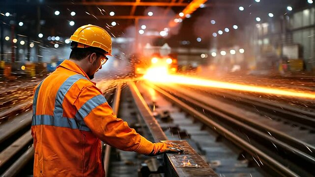 The safety officer examines the steel beams for any signs of wear, molten metal glowing brightly in the background as workers in reflective suits ensure the smooth flow of operatio