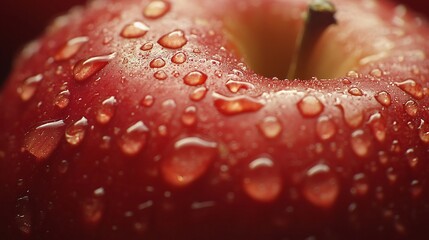 Extreme close up of juicy red apple with water droplets on its smooth skin