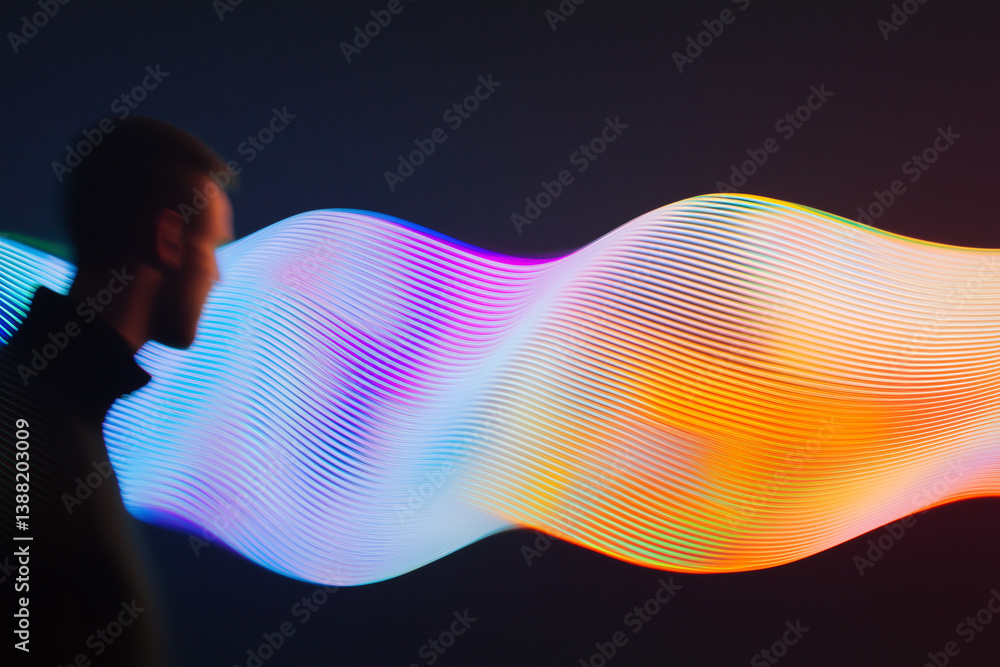 Poster sound waves: man contemplating colorful sound wave, a visual representation of sound waves emitting 