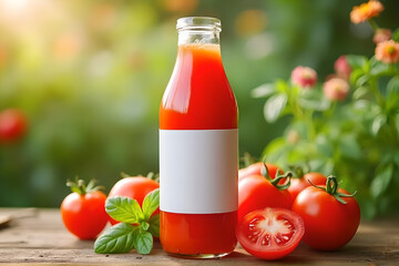 Clear Glass Tomato Juice Bottle with Rich Red Tomato Juice, Surrounded by Ripe Tomatoes and Fresh Basil &ndash; Rustic Garden Setting