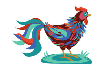 Beautiful bright multicolored rooster. Animals, poultry on the farm on white background. Children's flat cartoon vector illustration.