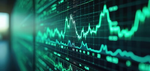 Digital financial market trading indicators. Blue, green charts data graph. Stock exchange trading data chart analysis. Finance, investment, business concepts. Cryptocurrency, Bitcoin, blockchain