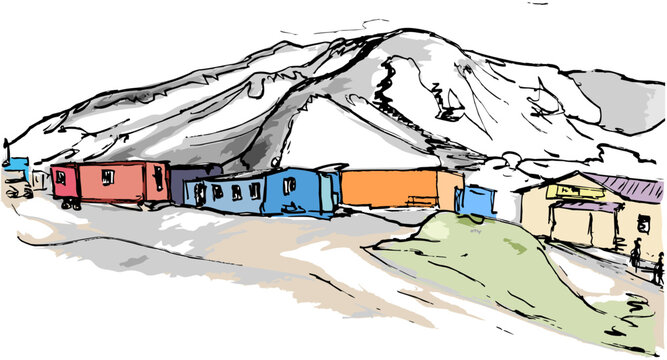 Landscape with a tourist camp at the foot of the volcano Avachinskaya Sopka, Kamchatka, Russia. 
