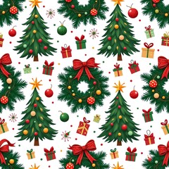 Festive Christmas pattern with trees and ornaments.