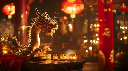 A golden dragon statue placed near a red banner with lanterns glowing warmly around the scene