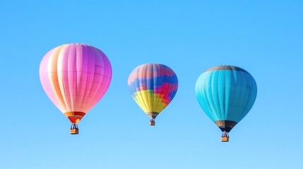 Fototapeta premium Three hot air balloons, pink, multicolored, and teal, drift against a clear blue sky. The balloons are the central focus, arranged horizontally. The image is crisp and brightly lit. A cheerful, whims