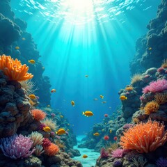 Naklejka premium vibrant coral reef underwater scene colorful marine life aquatic paradise biodiversity ocean habitat, fish, shell, anemone, starfish, turtle, urchin, sponge