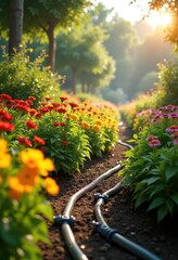 Fototapeta premium vibrant garden drip irrigation system lush vegetation flowers greenery efficient watering technology, plants, landscape, nature, soil, sprout, growth