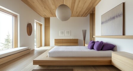 A spacious bedroom with simple decor and natural materials