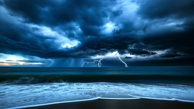 Wide-angle shot of a dramatic thunderstorm over the ocean, with dark clouds swirling above, lightning flashing in the distance, and crashing waves below