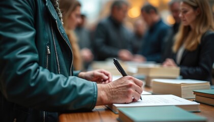 Author signs copies of biography book at book launch event. Author, reader, audience, celebration of literary achievement, success, recognition, publishing. Book signing, media, publication,