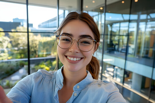 Smiling young woman in glasses takes a selfie in front of modern glass office buildings, radiating confidence, joy, and a professional urban lifestyle.
