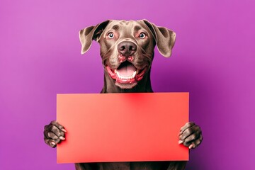 Blank board studio pic. Isolated dog on a solid clothing purple background. Clean studio with pet. Dog posing ad. Ð¡ute adult dog great dane hold in front paws a template - large red way sign.