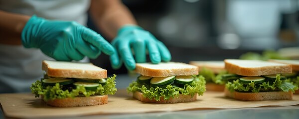 Food handler wears gloves prepares sandwiches with lettuce cucumber. Food safety standards in food service industry. Sandwich making in professional kitchen setting. Food handling, hygiene, infection