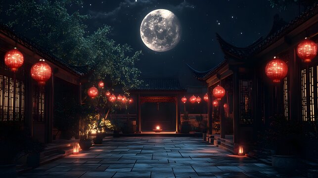 A peaceful traditional Chinese courtyard at night with red lanterns glowing and a large moon visible in the sky - Powered by Adobe