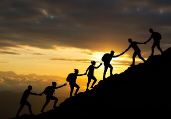 Fototapeta premium Silhouette of a group of hikers ascending a mountain at sunrise, helping each other