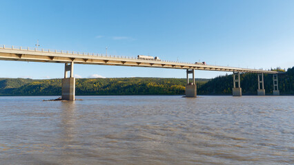 Low-angle view of the Yukon River Bridge, officially known as the E. L. Patton Bridge on the Dalton Highway, Alaska, USA 