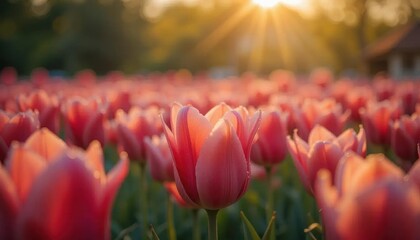 Crimson Tulips in Golden Sunlight: Spring Meadow Bloom.