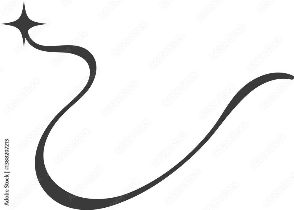 Poster swirl line with stars. curved elegant flourish tails of comet. decorative y2k scroll and stroke. wav