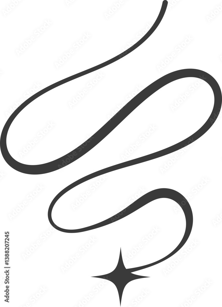 Poster swirl line with stars. curved elegant flourish tails of comet. decorative y2k scroll and stroke. wav