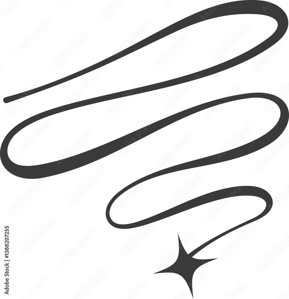 Poster swirl line with stars. curved elegant flourish tails of comet. decorative y2k scroll and stroke. wav