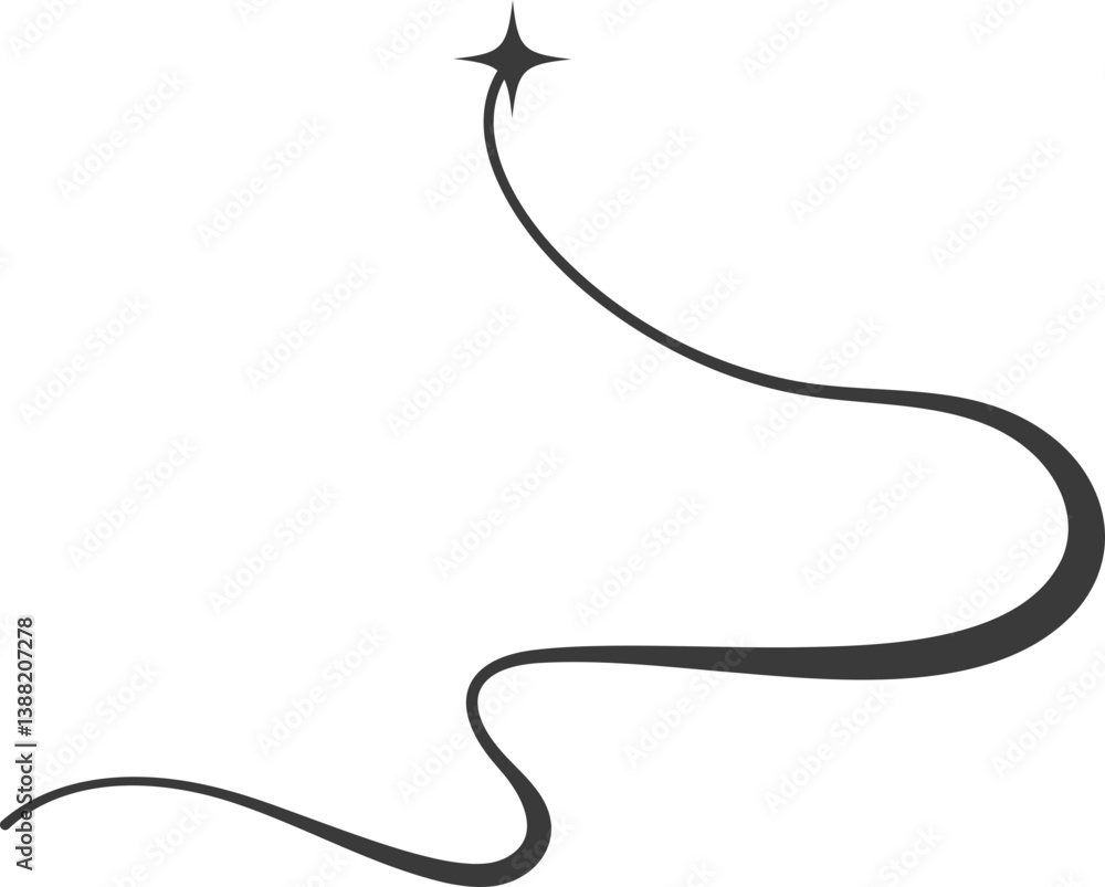Poster swirl line with stars. curved elegant flourish tails of comet. decorative y2k scroll and stroke. wav