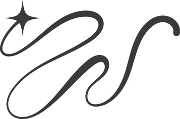 Swirl line with stars. Curved elegant flourish tails of comet. Decorative Y2k scroll and stroke. Wavy simple swish with falling and flying sparkle