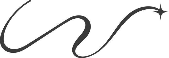 Swirl line with stars. Curved elegant flourish tails of comet. Decorative Y2k scroll and stroke. Wavy simple swish with falling and flying sparkle