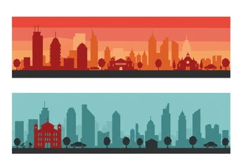 Obraz premium Urban Horizons: City Skylines at Dusk: A captivating panorama of cityscapes at dusk, featuring silhouettes of buildings and architectural elements against a gradient sky.