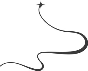 Swirl line with stars. Curved elegant flourish tails of comet. Decorative Y2k scroll and stroke. Wavy simple swish with falling and flying sparkle