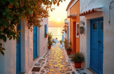 Cobblestone street leads to the Aegean sea at sunset. Traditional whitewashed houses with blue doors and flower pots create picturesque view. Travel destination in Greece, summer vacation.